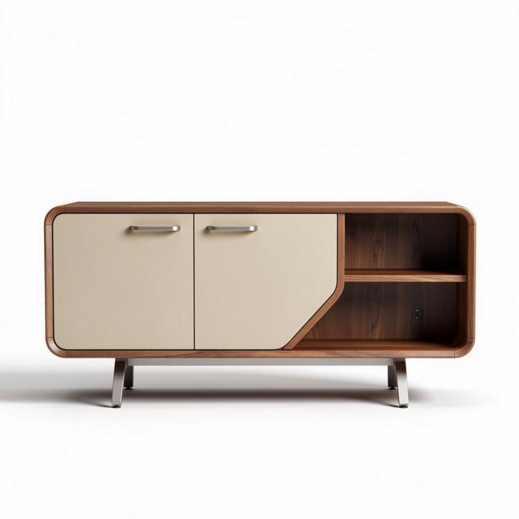 Mid-century modern media console with walnut finish and two doors 120 x 40 x 60cm