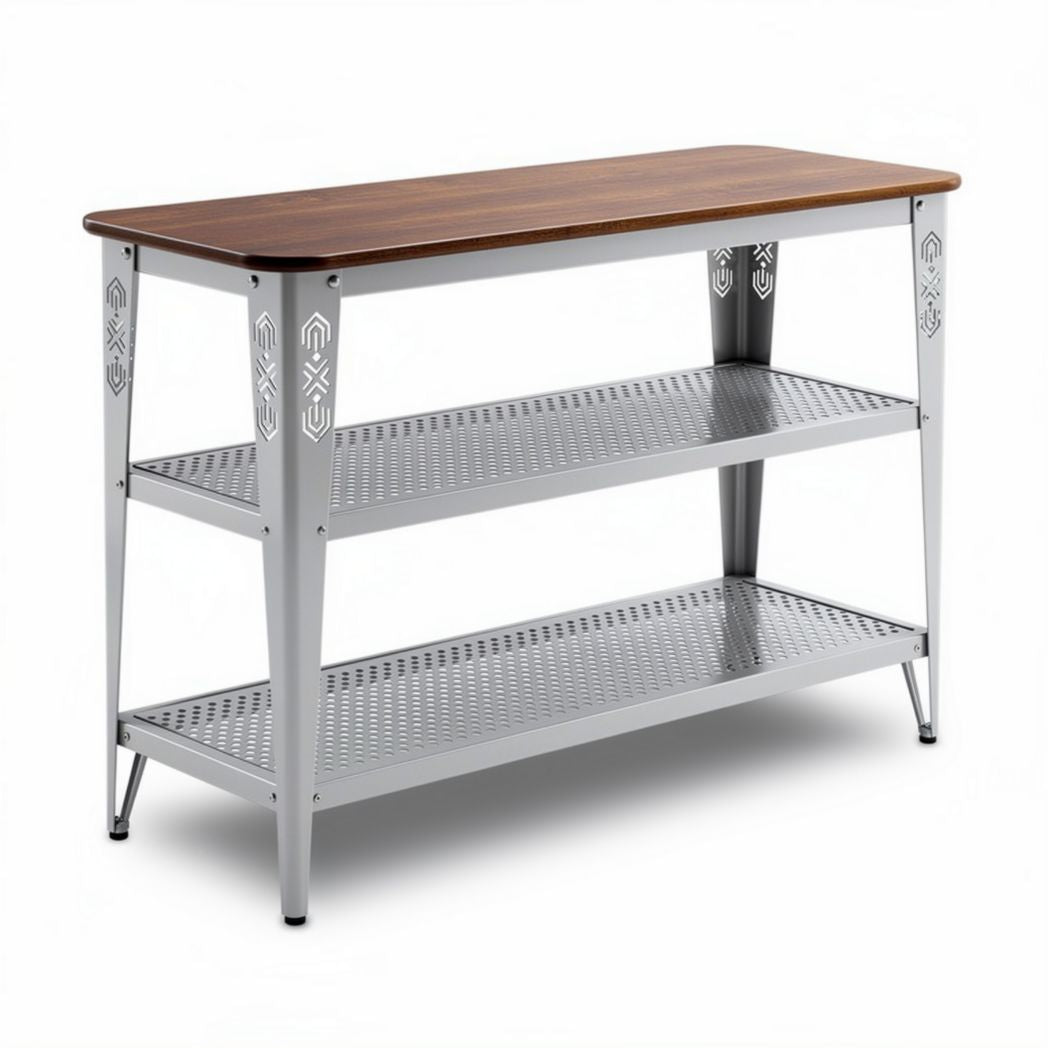 Metal kitchen prep table with wood top and two mesh shelves 120 x 60 x 75cm