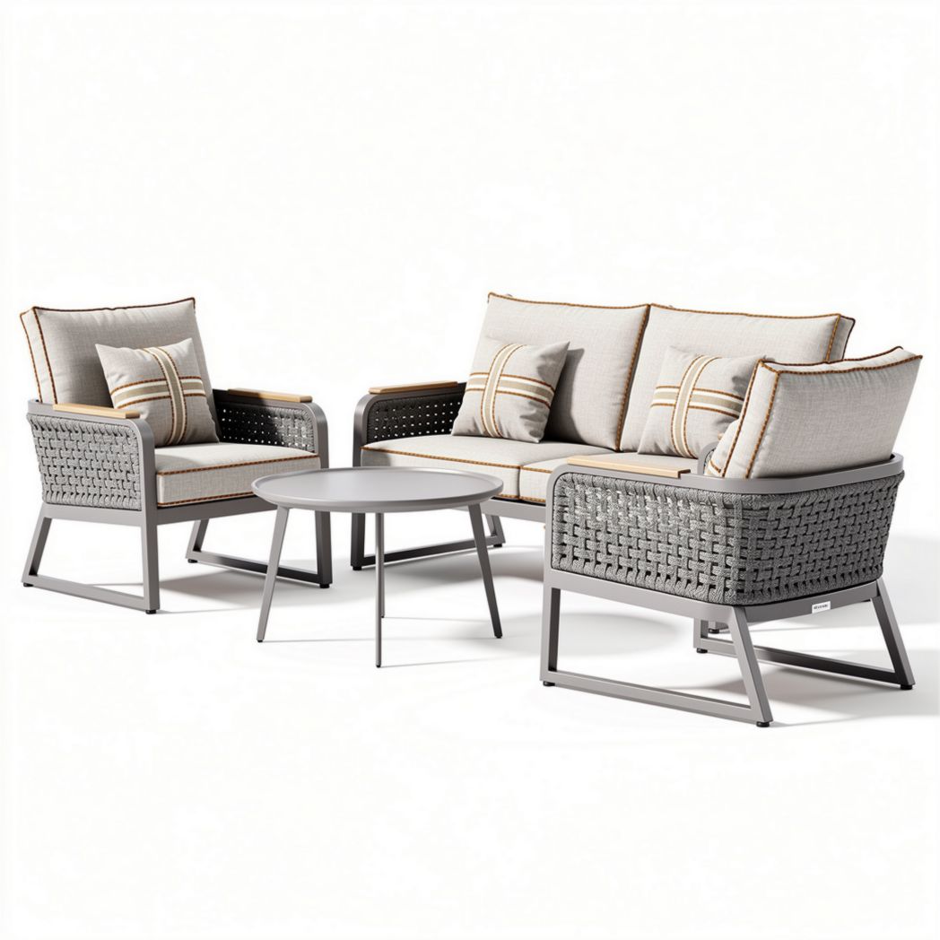Outdoor patio furniture set with woven rattan seating and gray cushions