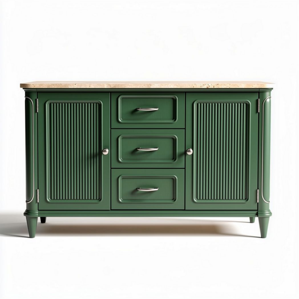 Green kitchen cabinet with marble top and three drawers 70 x 40 x 85cm