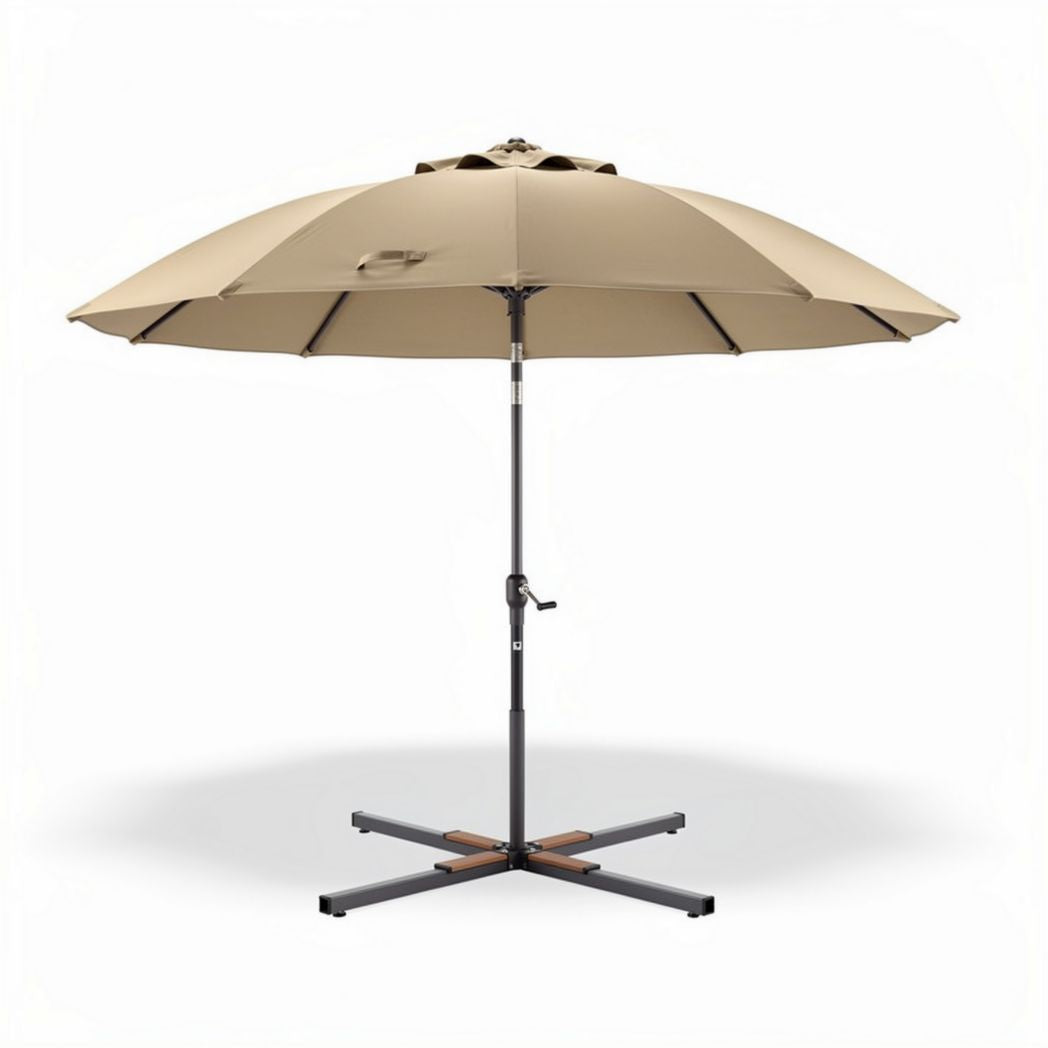 10ft outdoor patio umbrella with steel frame and beige canopy