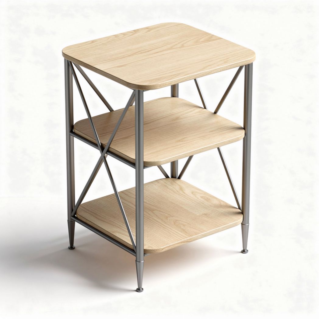 Wooden three-tier side table with metal frame and cross supports 40 x 40 x 70cm