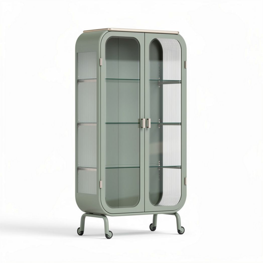 Glass display cabinet with sliding doors in green metal 80 x 40 x 180cm