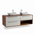 Wooden double vanity with white ceramic sinks and storage drawers 150 x 50 x 60cm