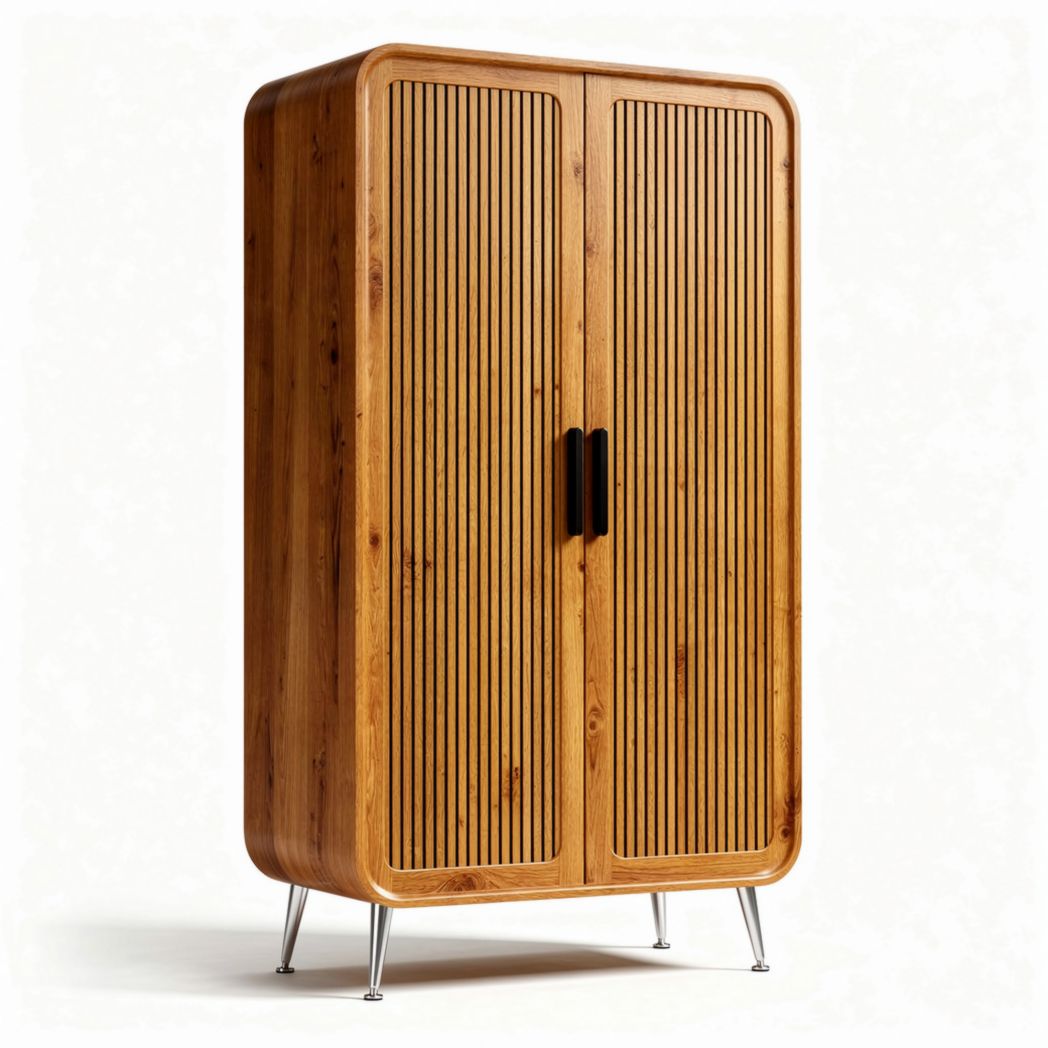 Wooden wardrobe with ribbed design and metal legs 80 x 40 x 180cm