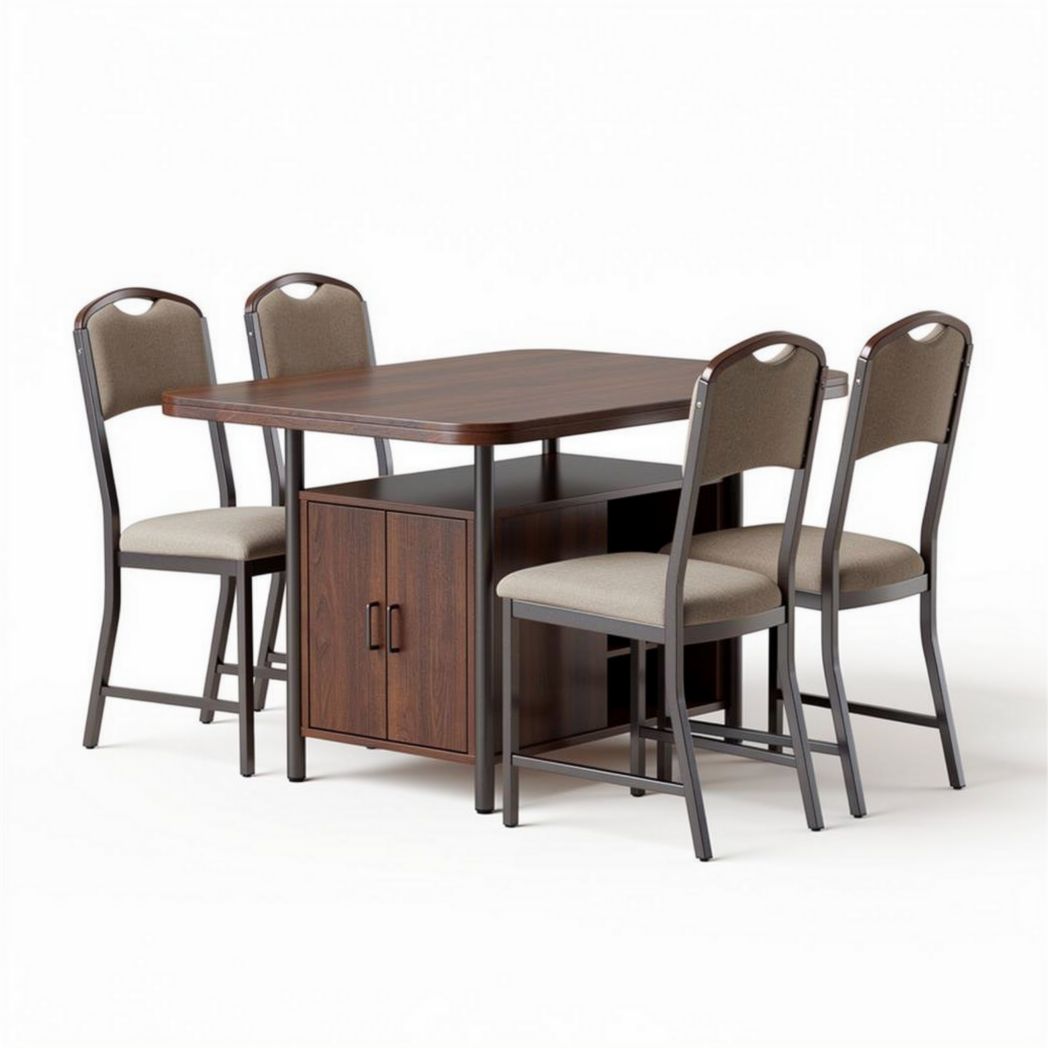 Wooden dining table set with four upholstered chairs and storage cabinet 150 x 90 x 75cm