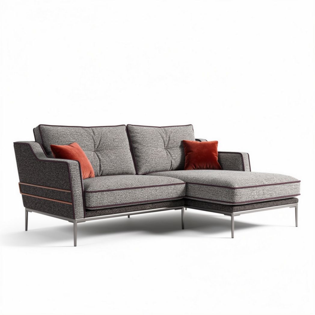 Modern sectional sofa in grey fabric with orange accent pillows 200 x 90 x 85cm