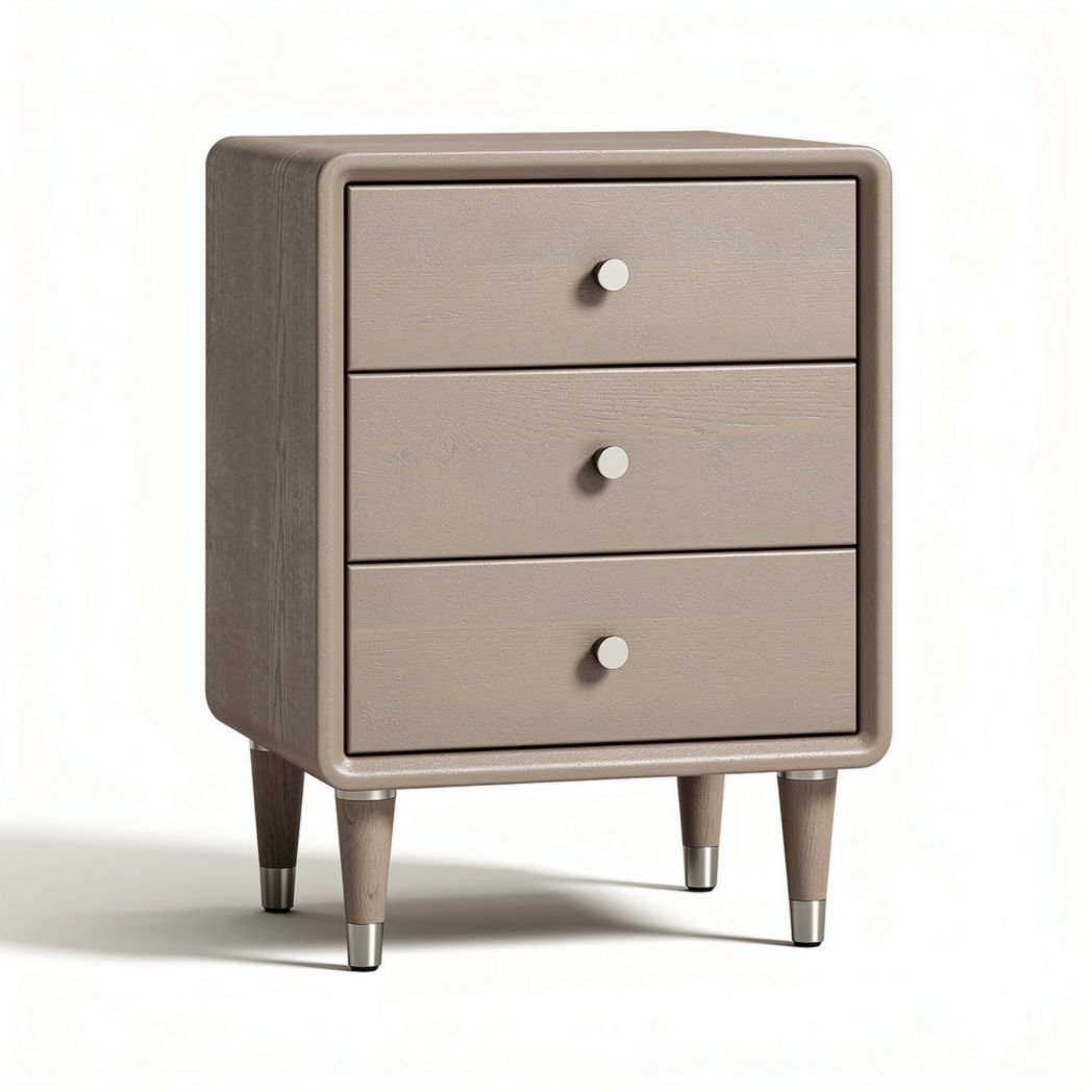 Three-drawer nightstand in light wood finish with tapered legs 50 x 40 x 60cm
