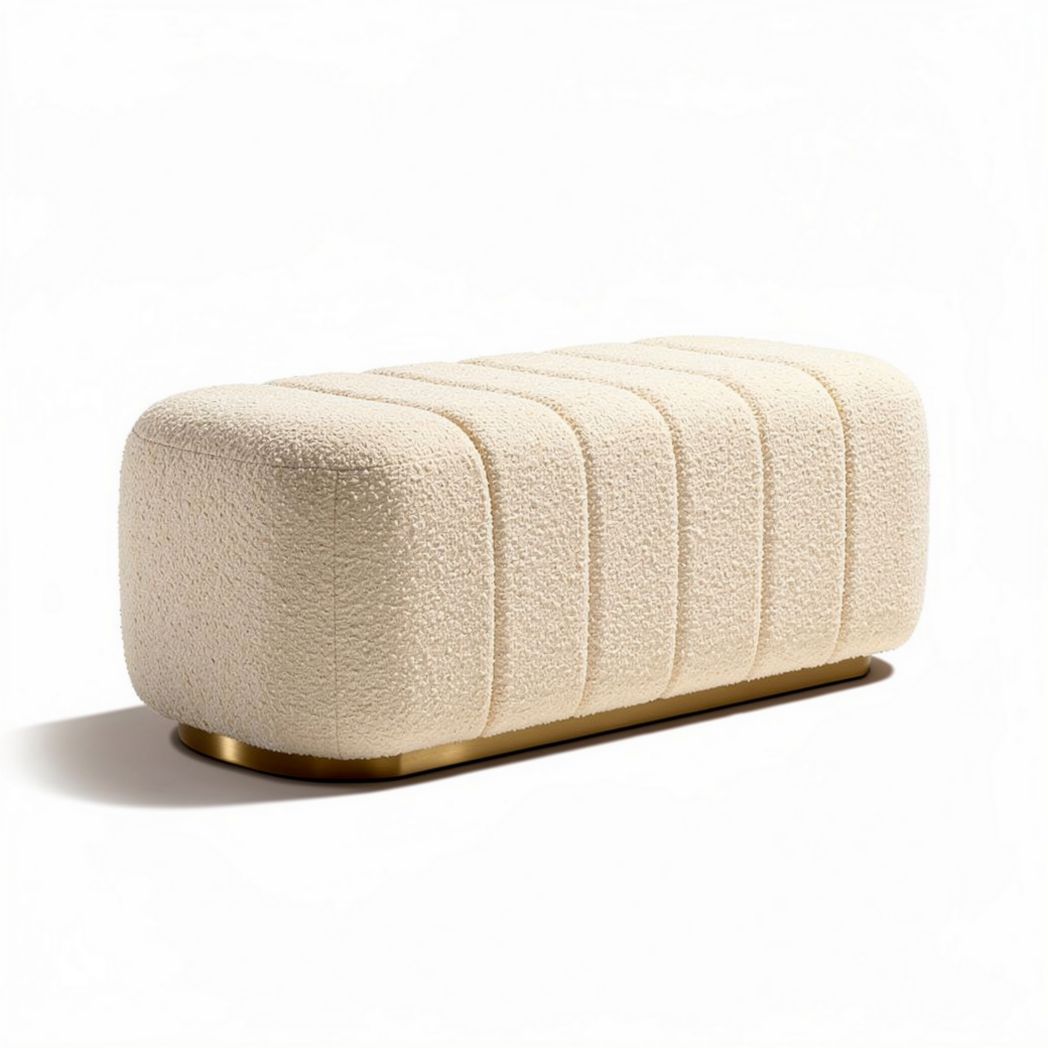 Textured cream upholstered ottoman with gold metal base 120 x 60 x 45cm